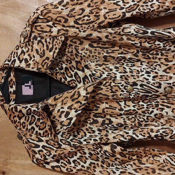 JL New York Sparkly Belted Trench Coat Gold Brown Cream Leopard Print Size Med - Picture 2 of 15